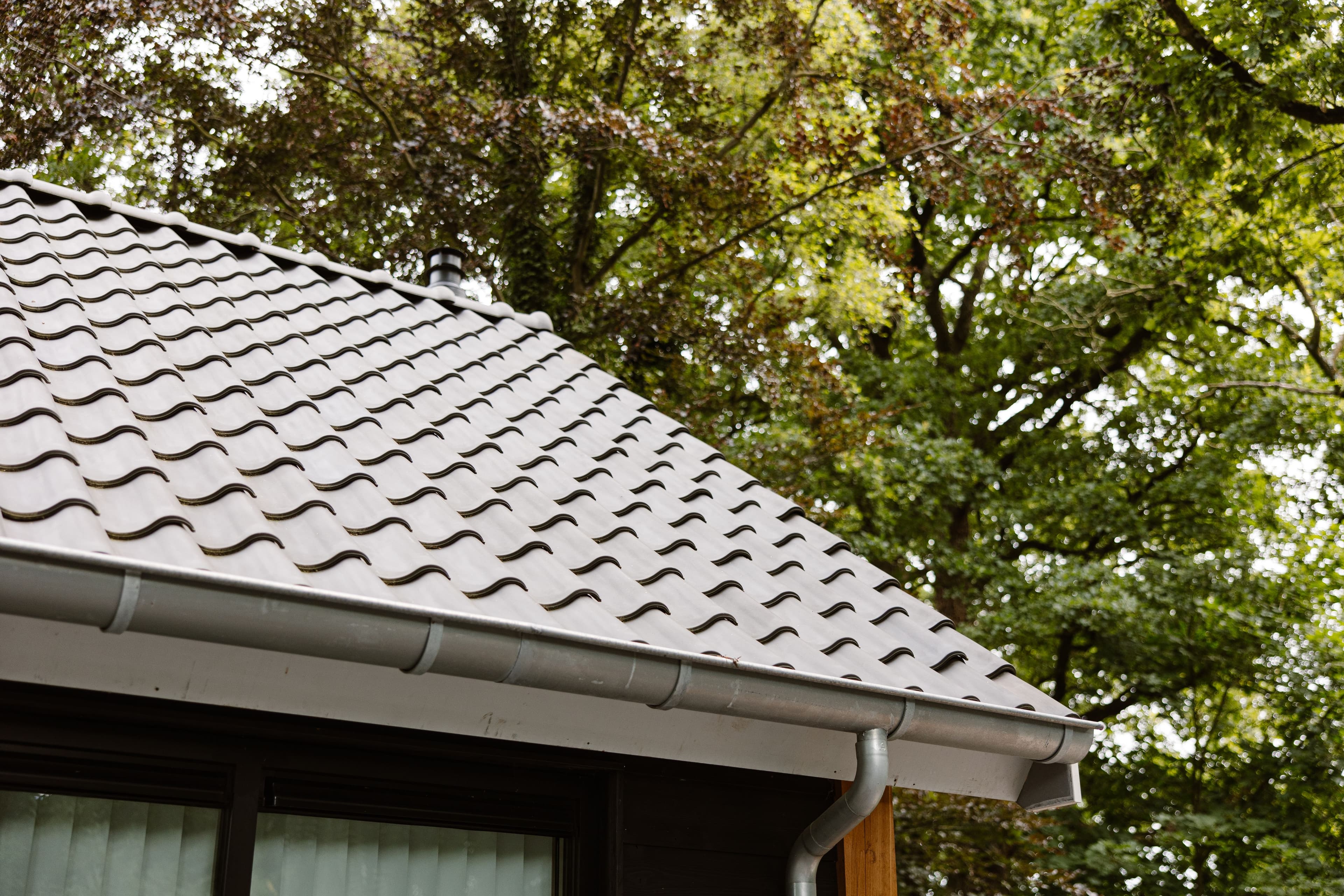 Dak van een huis met grijze golfvormige dakpannen en metalen goot aan de rand, met bomen op de achtergrond.