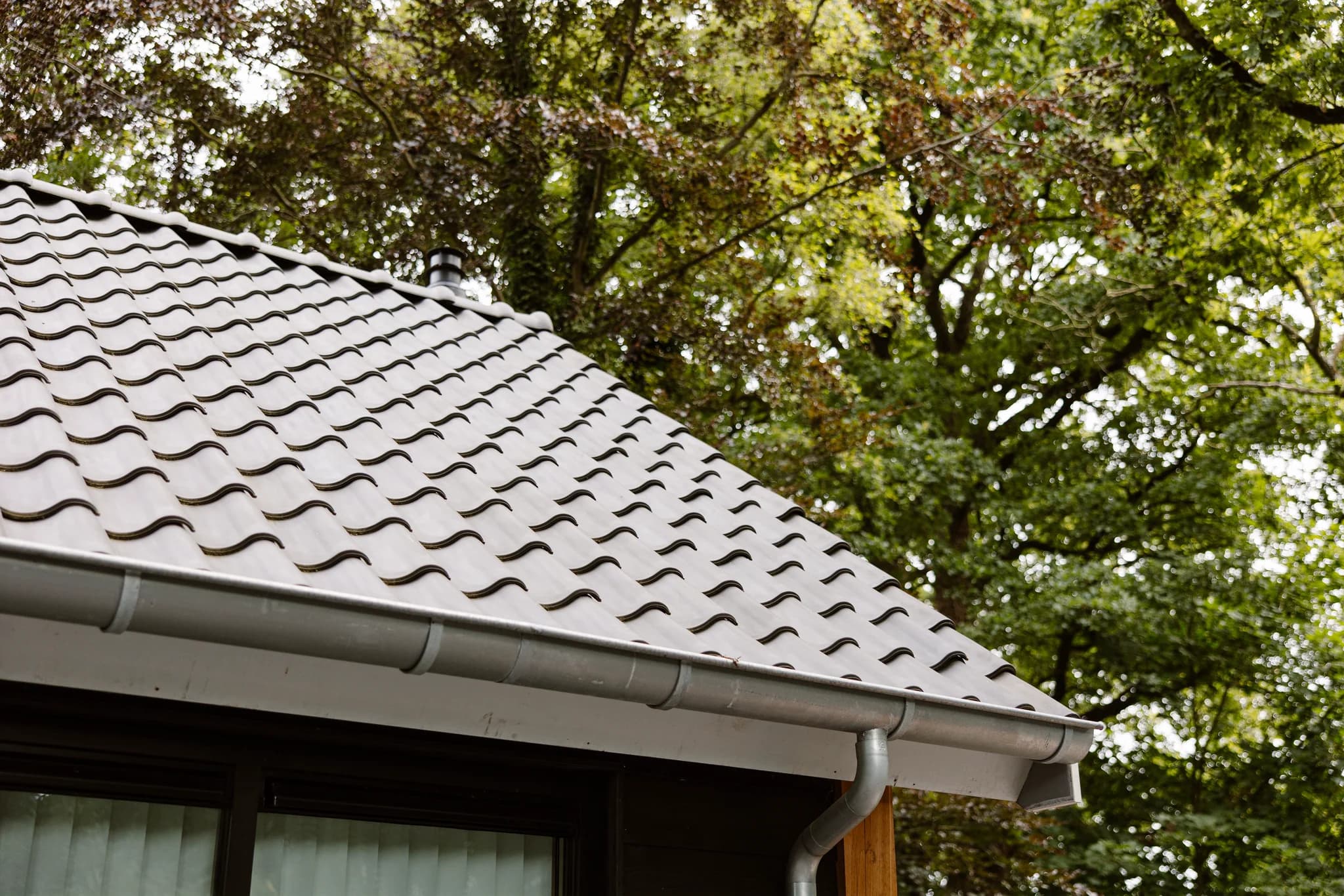 Dak van een huis met grijze golfvormige dakpannen en metalen goot aan de rand, met bomen op de achtergrond.