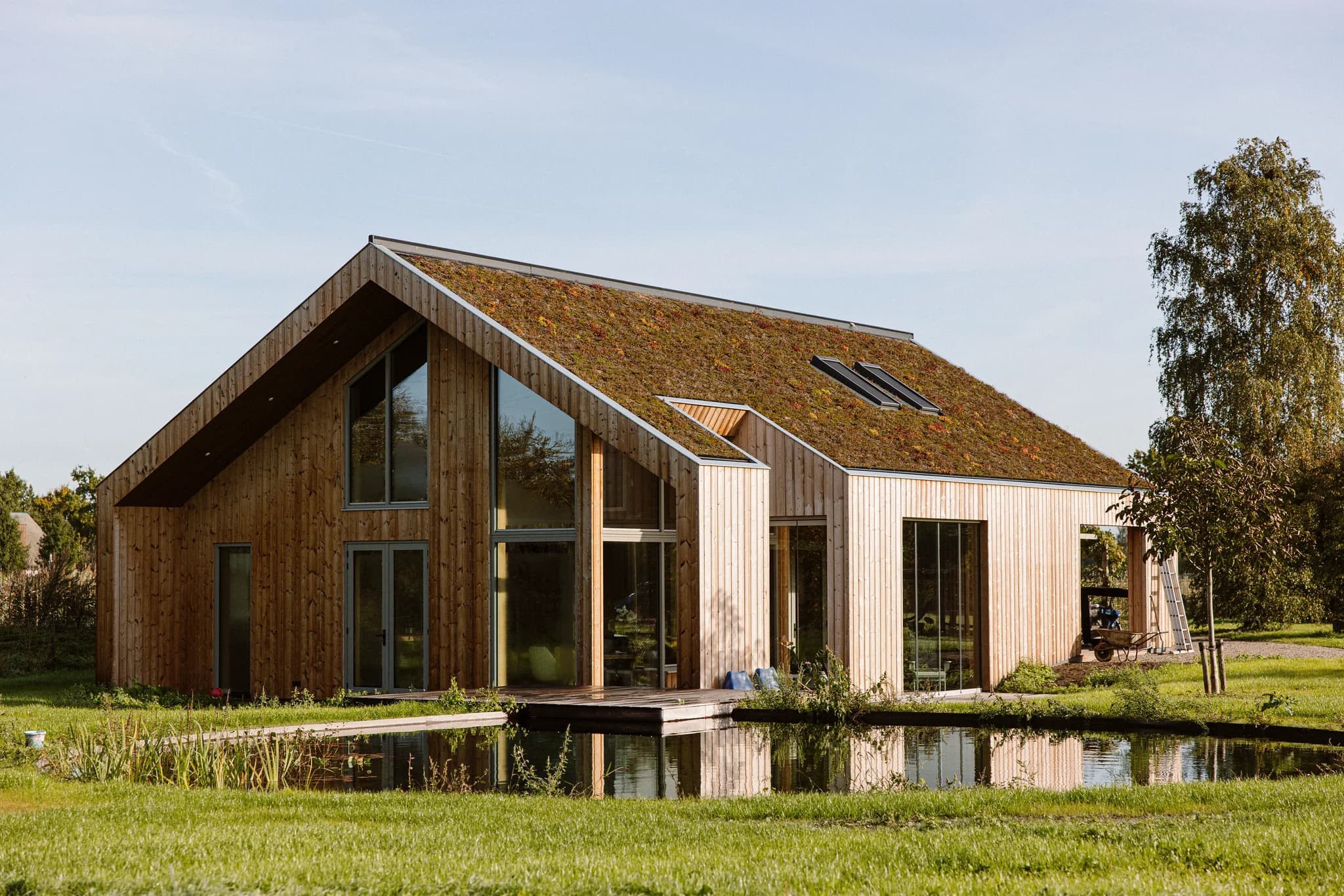 Moderne houten woning met begroeid dak en grote ramen aan een vijver