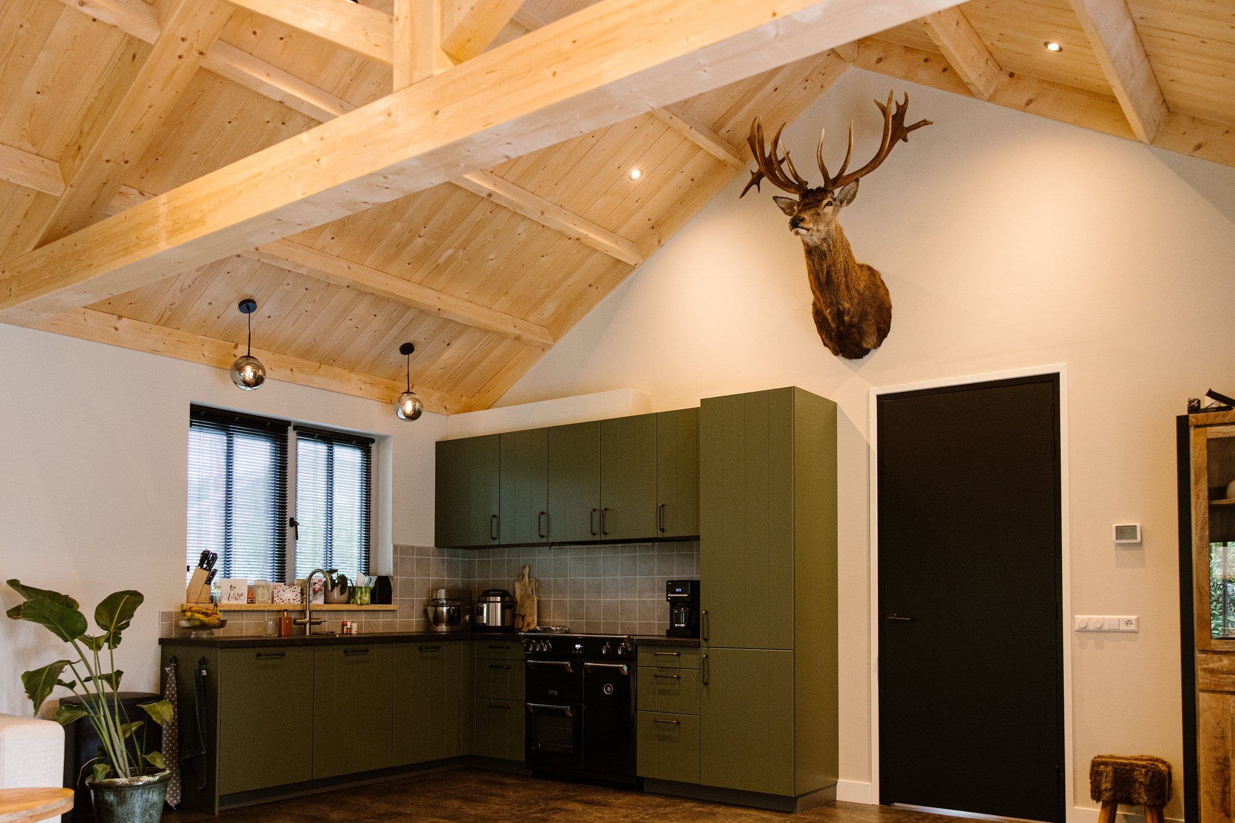 Keuken met groene kasten, zwart fornuis, houten plafond en een hertenkop aan de muur