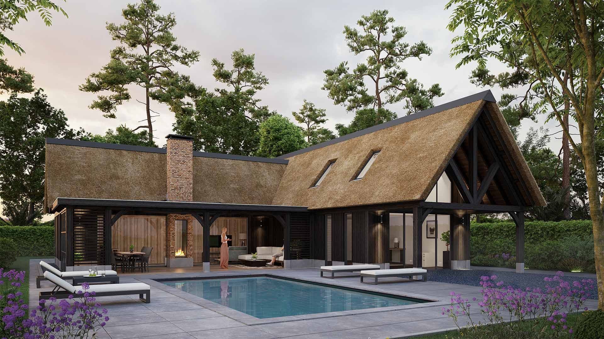 Woning met rieten dak, zwembad, ligstoelen en loungehoek met open haard in tuin.