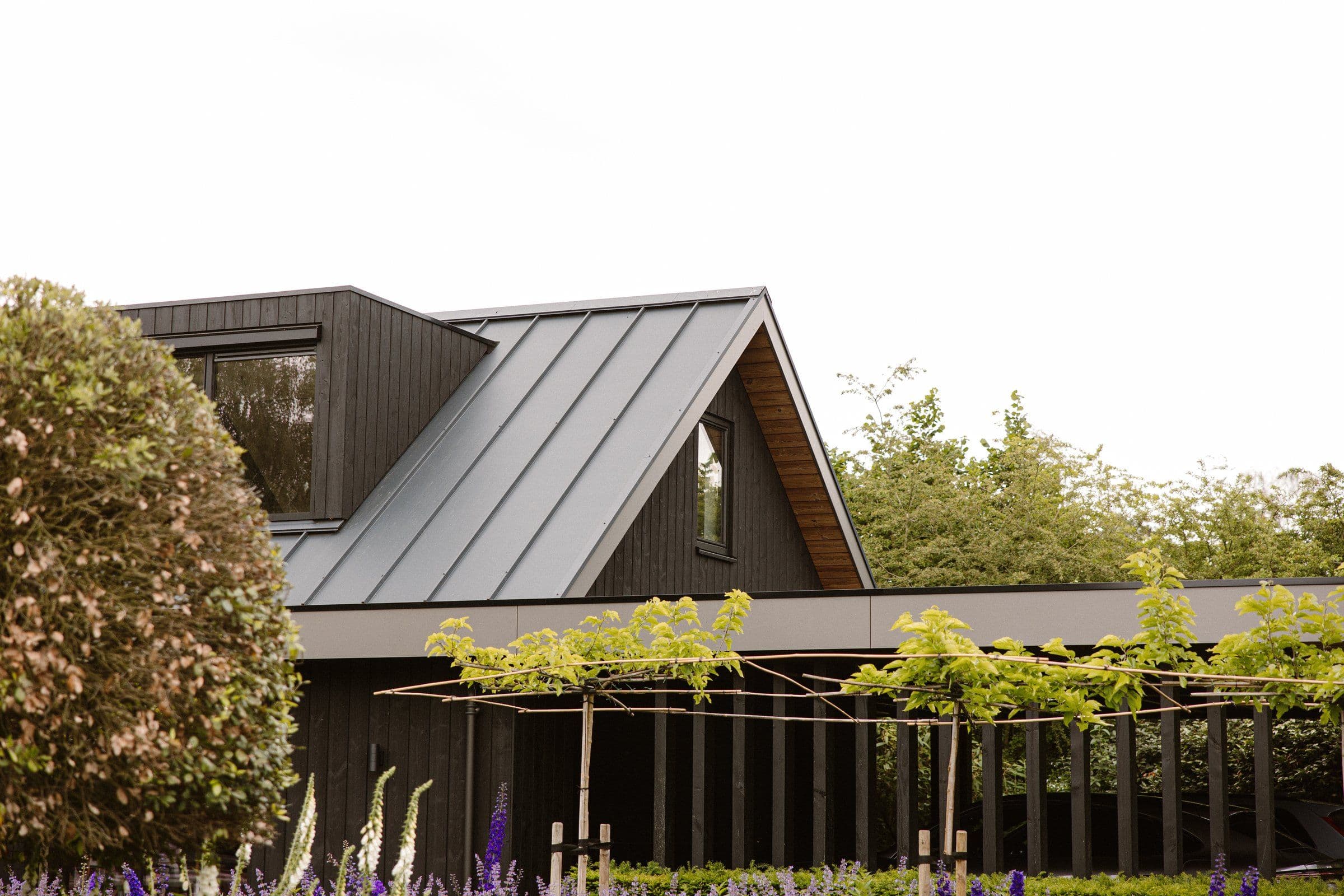Woning met zwarte houten gevel, schuin metalen dak en tuin met groene planten en bloemen