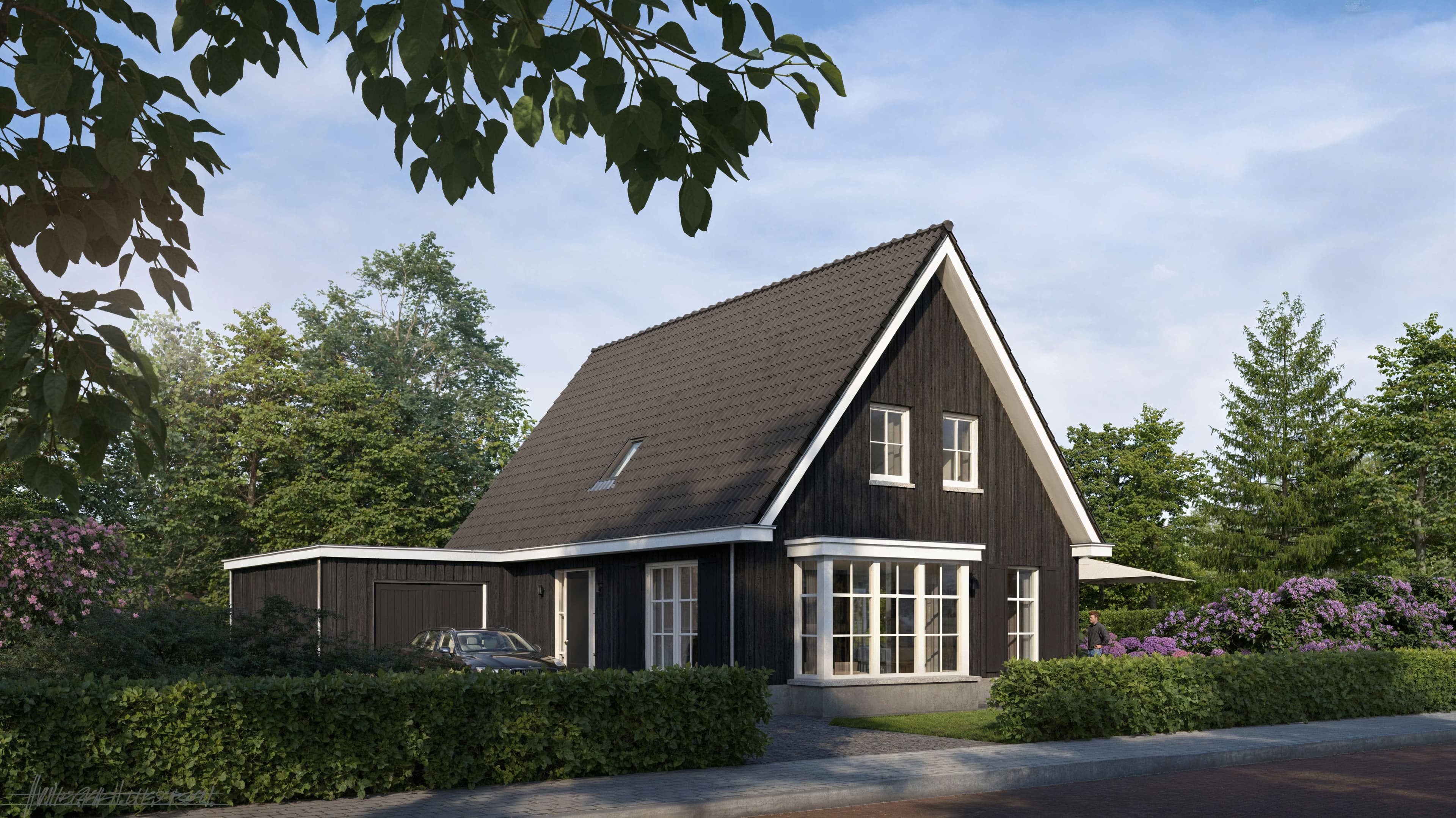 Zwart houten vrijstaande woning met grote witte ramen, garage en groene tuin