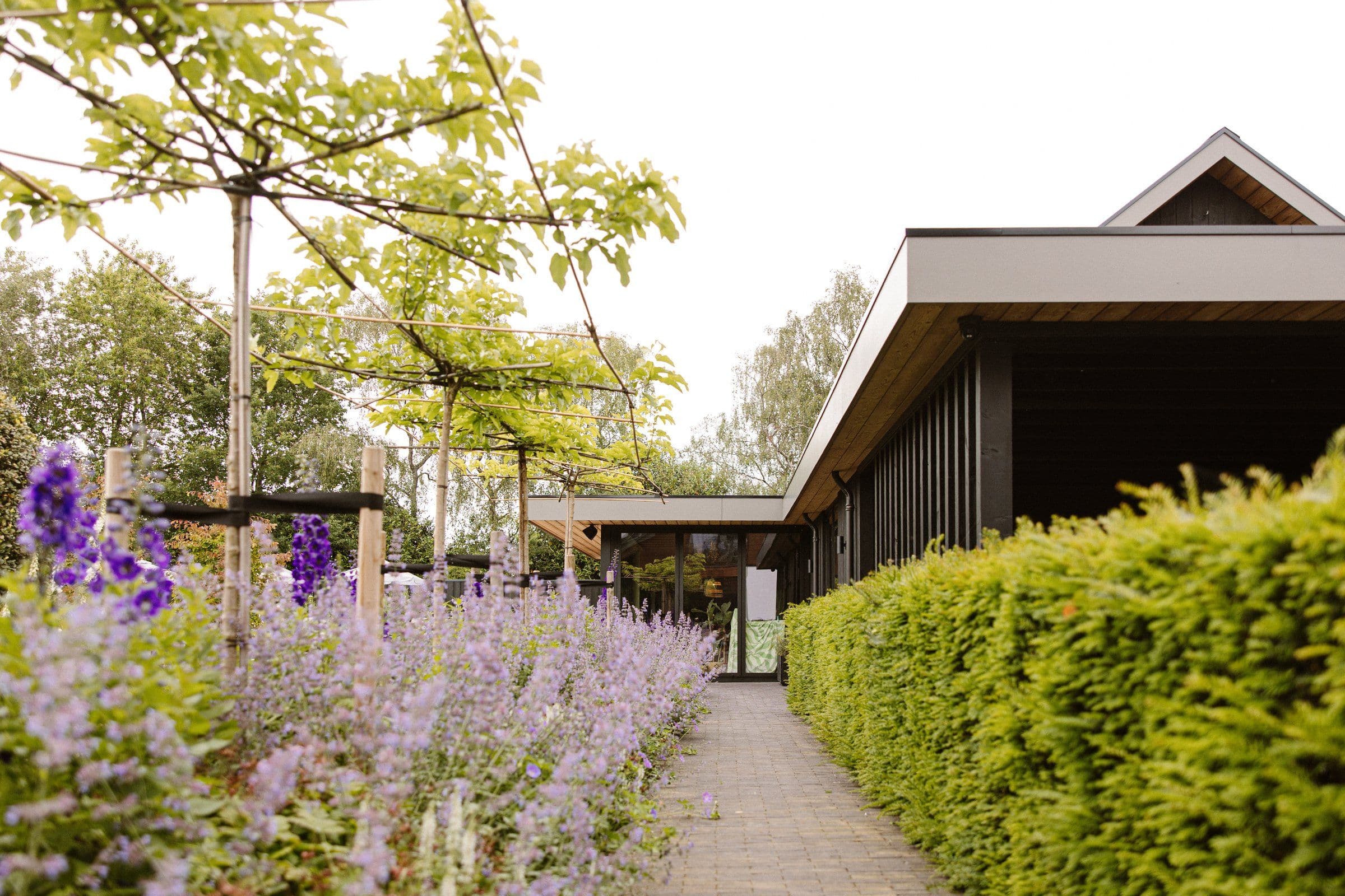 Pad met bestrating tussen hagen en bloeiende planten naast oud zwart houten huis met witte dakrand en glazen deur